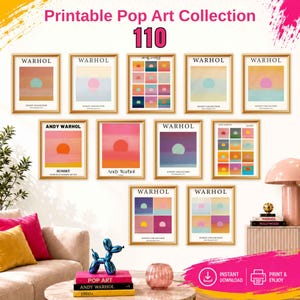 May include: A collection of 110 printable Andy Warhol pop art posters featuring sunset themes in various color palettes. The framed prints display minimalist sun motifs, text labels, and geometric grids, presented as a digital download set.