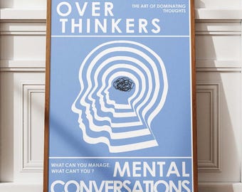 Stampa sul tema del pensare troppo, decorazione murale per la salute mentale, poster con tipografia blu retrò, citazione sull'ansia, arredamento per ufficio, download digitale stampabile