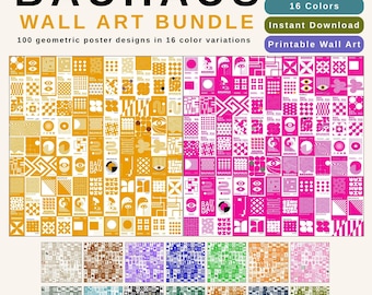 Bauhaus Wall Art Bundle, 100 Prints x 16 Colors, 1600 Printable Posters, Geometric Abstract Gallery Set, Mid Century Decor