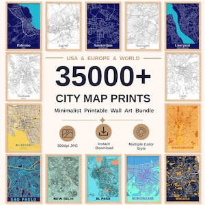 35000 City Map Prints Bundle, Printable World Map Wall Art, Housewarming Gift, Travel Posters, USA Europe Cities, Instant Download