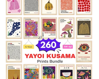 Paquete de láminas decorativas imprimibles inspiradas en Yayoi Kusama, conjunto de pósteres abstractos japoneses, pared de galería con lunares, impresiones digitales modernas.