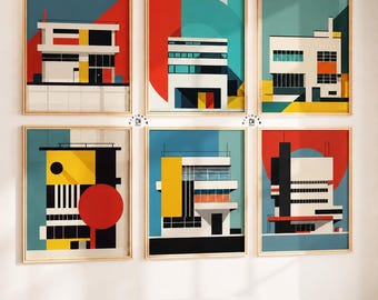 Bauhaus Architecture Print Set, Mid-Century Modern Gallery Wall (Digital Download)