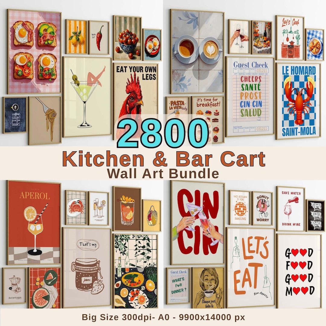 kitchen wall art, set of 50 kitchen prints, trendy... Kitchen and Bar Wall Art Prints | Food and Drink Decor (digital ...