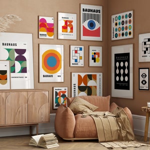 Printable gallery wall set with Bauhaus abstract designs for minimalist interiors