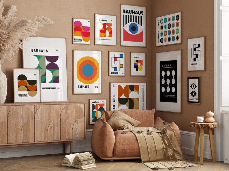 Printable gallery wall set with Bauhaus abstract designs for minimalist interiors