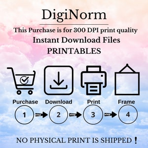 May include: A digital download illustration of a four-step process for purchasing, downloading, printing, and framing printable files. The steps are illustrated with icons of a shopping cart, a download arrow, a printer, and a picture frame. The text "DigiNorm" is at the top of the image. The text "This Purchase is for 300 DPI print quality Instant Download Files PRINTABLES" is below the title. The text "NO PHYSICAL PRINT IS SHIPPED!" is at the bottom of the image.