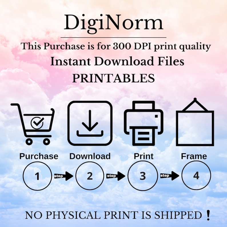May include: A digital download illustration of a four-step process for purchasing, downloading, printing, and framing printable files. The steps are illustrated with icons of a shopping cart, a download arrow, a printer, and a picture frame. The text "DigiNorm" is at the top of the image. The text "This Purchase is for 300 DPI print quality Instant Download Files PRINTABLES" is below the title. The text "NO PHYSICAL PRINT IS SHIPPED!" is at the bottom of the image.