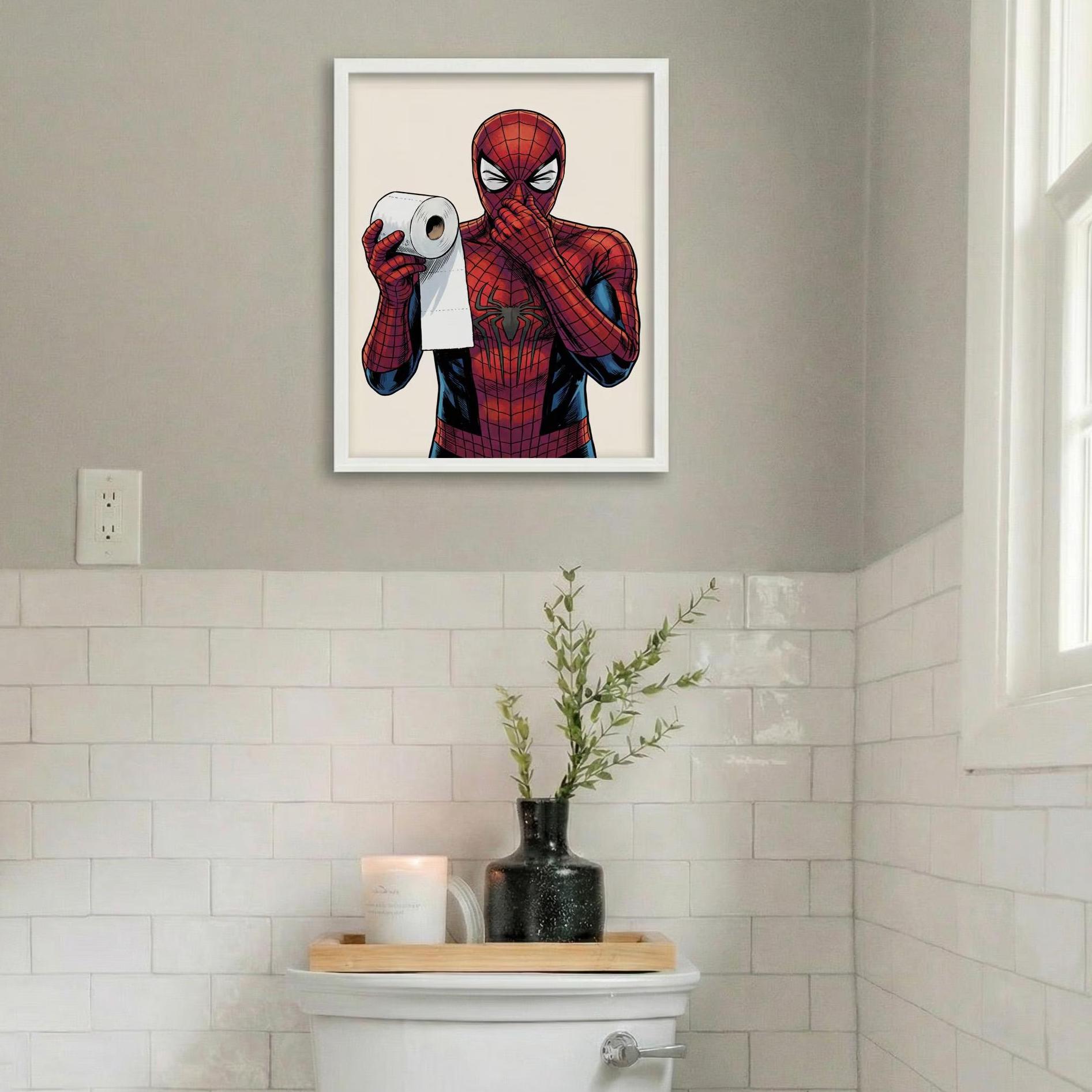 Funny Superhero Bathroom Wall Art | Spider-man Toilet Paper Poster