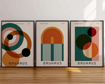 Bauhaus Set of 3 Prints, Vintage Mid Century Modern Posters, Retro Geometric Gallery Wall Set, Minimalist Trendy Wall Decor Digital Download