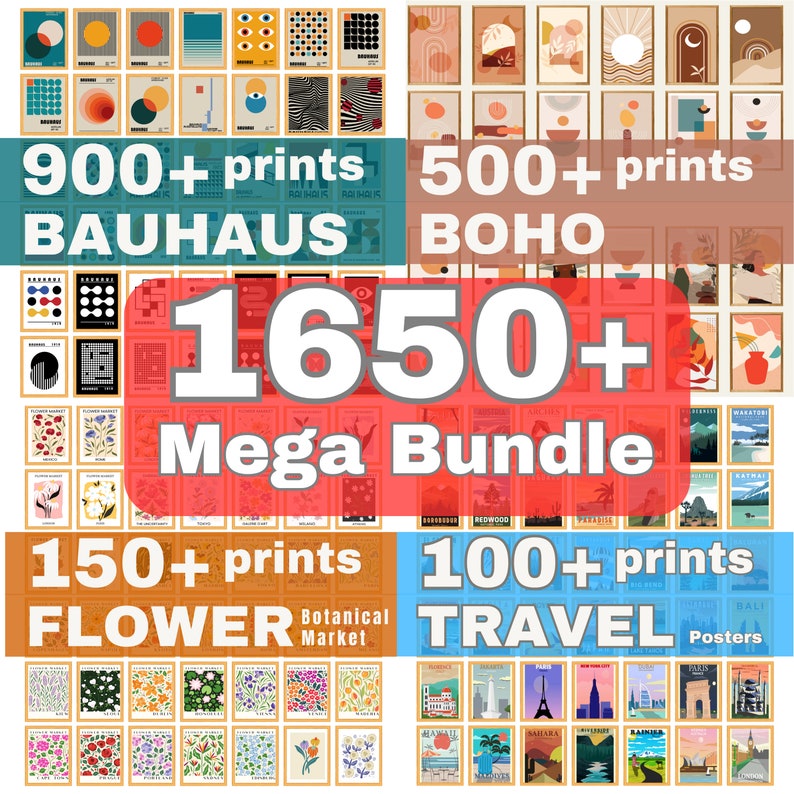 1650 Gallery Wall Set, Mega Bundle, Bauhaus Wall Art, Boho Bohemian Poster, Flower Botanical Wall Set, Travel poster, Digital Download zdjęcie 1
