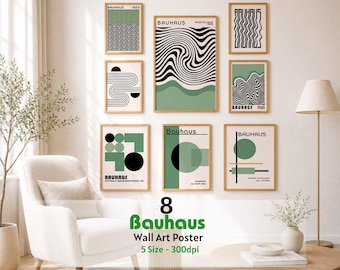 Juego de 8 láminas decorativas de pared en color verde salvia, pósteres abstractos de mediados de siglo, decoración de galería Bauhaus, descarga digital geométrica imprimible.