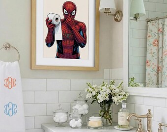 Funny Superhero Bathroom Wall Art | Spider-man Toilet Paper Poster