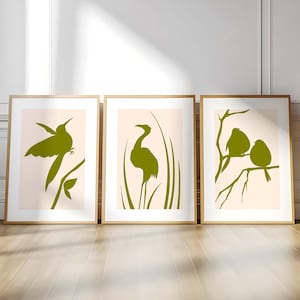 Arte de pared minimalista de pájaros, póster de pájaros bohemios, siluetas de naturaleza abstracta, decoración moderna en verde oliva, estilo escandinavo, pájaro contemporáneo digital