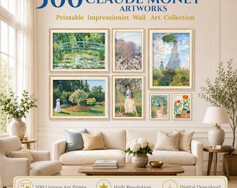 Paquete de 500 láminas de Claude Monet, colección de arte mural impresionista, conjunto de láminas imprimibles de nenúfares, descarga digital de arte francés vintage.