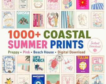 Paquete de 1000 láminas decorativas de verano estilo preppy, decoración rosa moderna, paquete de pósteres imprimibles retro de estilo costero, decoración para casas de playa.