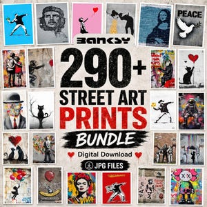 Puede incluir: Un paquete digital de más de 290 impresiones de arte urbano con varios diseños icónicos, incluyendo figuras de estilo estarcido, animales e imágenes abstractas. La colección incluye etiquetas de texto como Banksy, 290+ STREET ART PRINTS BUNDLE y JPG FILES.