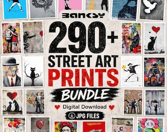 Paquete de más de 290 láminas de arte mural de Banksy, pósteres icónicos de grafiti callejero, colección imprimible de arte pop urbano, decoración de descarga digital.