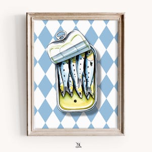 Sardine Wall Art, Sardines Art Print, Retro Seafood Poster, Kitchen Decor, Coastal Fish Illustration, Tin Sardine Poster, Digital Download