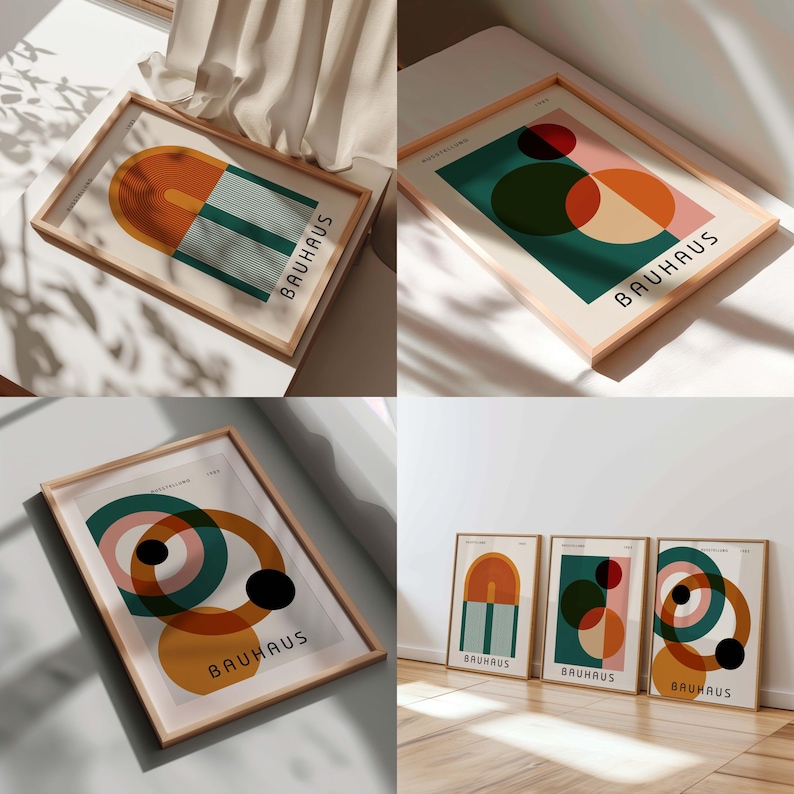 K&ouml;nnte beinhalten: Vier gerahmte Drucke mit geometrischen Designs in Gr&uuml;n-, Orange-, Rosa- und Wei&szlig;t&ouml;nen. Die Drucke zeigen das Wort "Bauhaus" in einer fetten, schwarzen Schrift.
