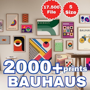 May include: A collection of 2000+ Bauhaus style prints in various colors and designs. The prints are framed and displayed on a wall. The text "2000+ prints Bauhaus" is displayed in large, bold, blue letters at the bottom of the image.