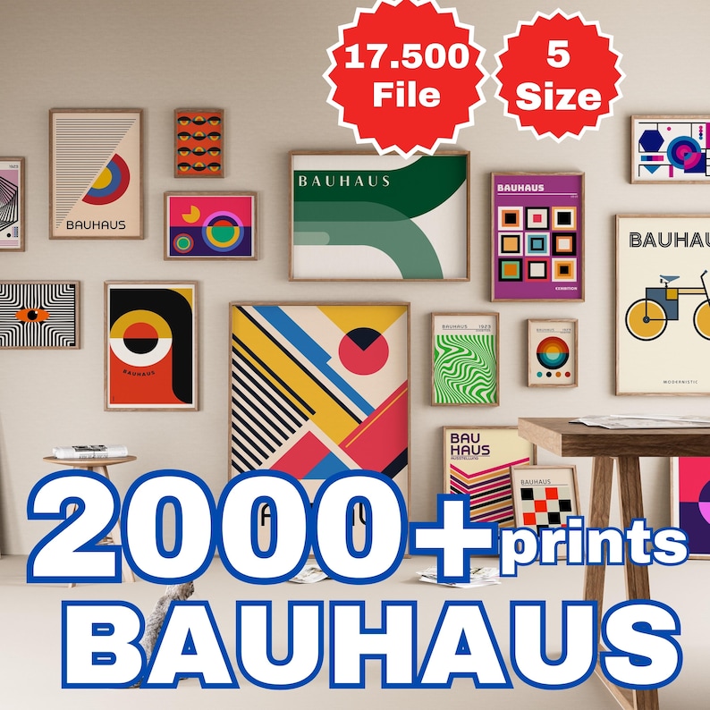 May include: A collection of 2000+ Bauhaus style prints in various colors and designs. The prints are framed and displayed on a wall. The text "2000+ prints Bauhaus" is displayed in large, bold, blue letters at the bottom of the image.