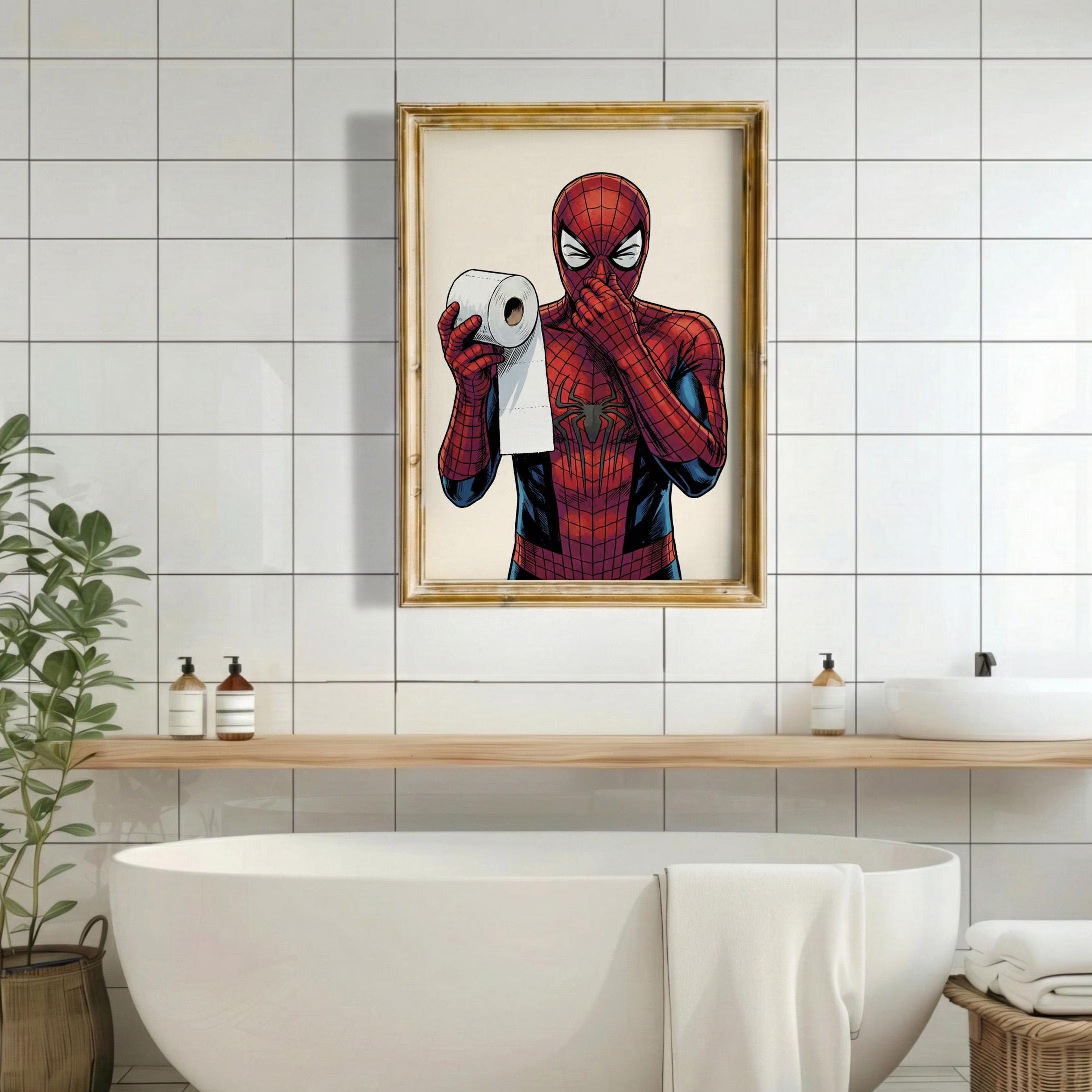 Funny Superhero Bathroom Wall Art | Spider-man Toilet Paper Poster