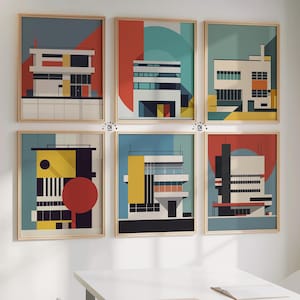 Bauhaus Set of 6 Poster, Bauhaus Building Architectural Print, Gallery Wall Set, Mid Century Modern, High Quality Digital Download print set