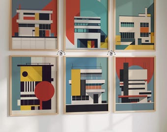Bauhaus Architecture Print Set, Mid-Century Modern Gallery Wall (Digital Download)