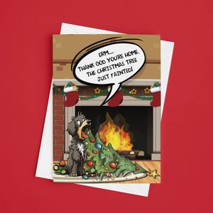 Naughty Dog Christmas Tree Fainted Funny Christmas Card | Funny Dog Owner Christmas Card, Dog Lover Christmas Card, Novelty Christmas Card