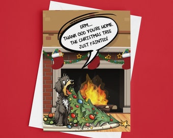 Naughty Dog Christmas Tree Fainted Funny Christmas Card | Funny Dog Owner Christmas Card, Dog Lover Christmas Card, Novelty Christmas Card