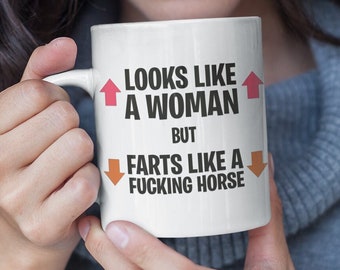 Parece una mujer pero se tira pedos como una taza de caballo de mierda / Taza de ESPOSA divertida / Taza divertida de mejor amigo / Taza de pedo de novedad / Taza divertida / Para ella