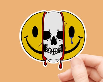 Adesivo con teschio e faccina sorridente "Dead Inside", per ansia e salute mentale.