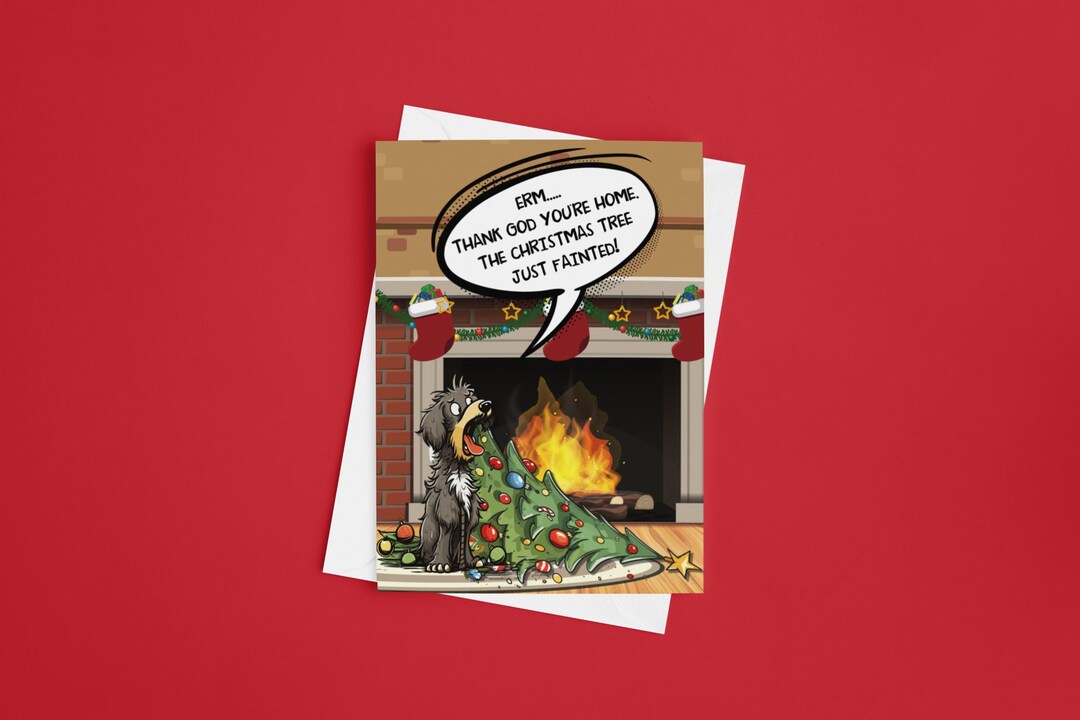 Naughty Dog Christmas Tree Fainted Funny Christmas Card Etsy