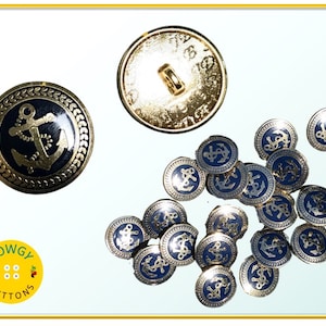 Nautical Gold & Blue Anchor Buttons with Shank - 20mm - Choice of Quantity