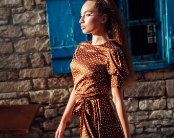 Brown and White Polka Dot Print Puff Sleeve Midi Dress - Etsy Brown and White Polka Dot Print Puff Sleeve Midi Dress - Etsy
