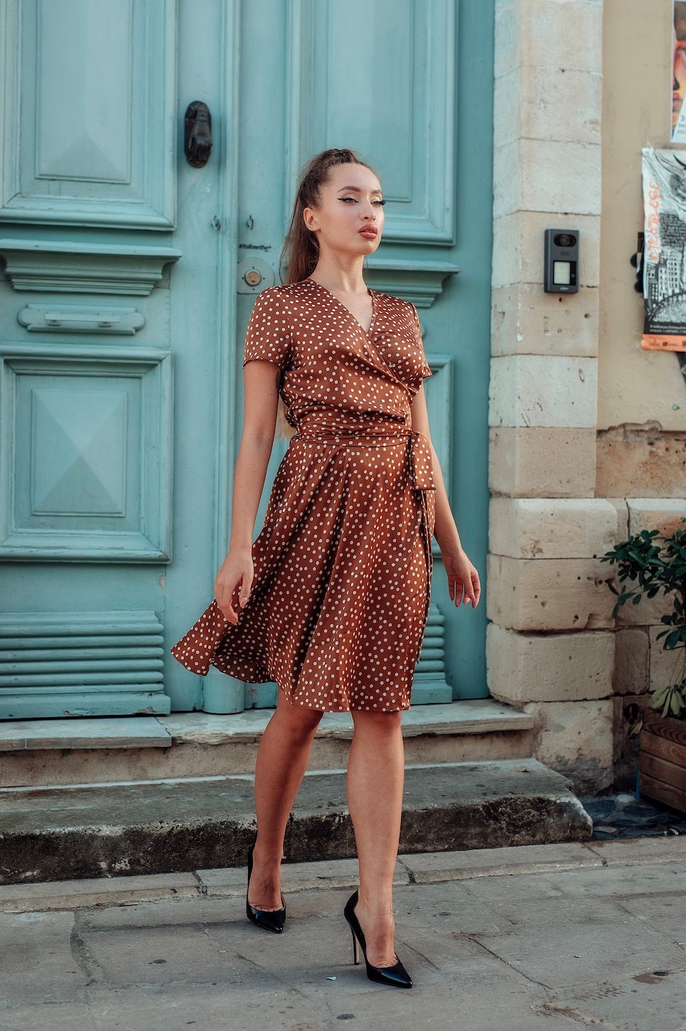 Brown and White Polka Dot Short-sleeve Dress