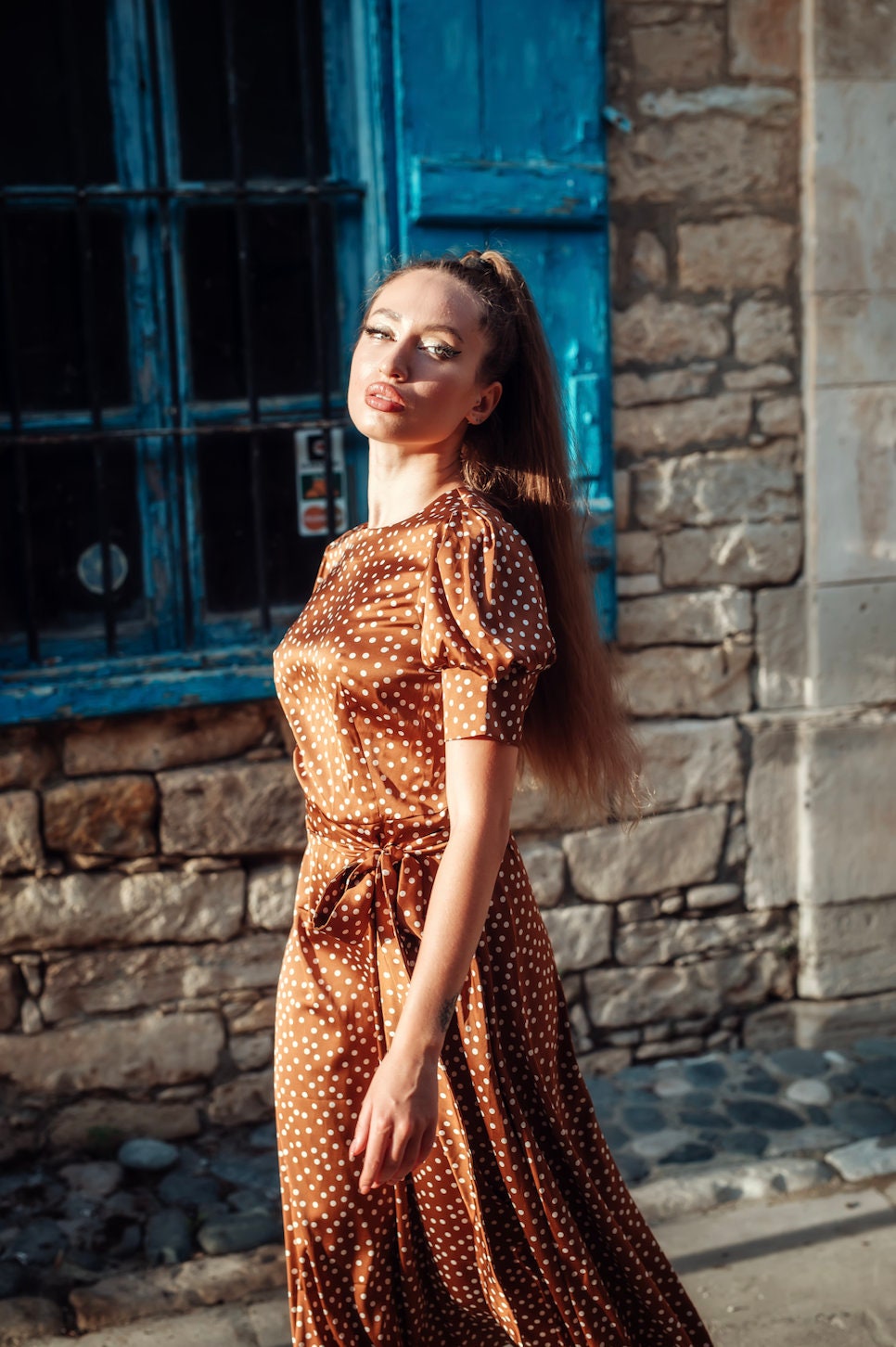 【BAON】25SS★ [BAONHAUS] Comne Banding Color Dot Midi SK Brown and White Polka Dot Print Puff Sleeve Midi Dress - Etsy