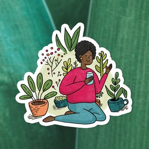 Autocollant fille noire mignonne - Autocollant en vinyle Hygge - Autocollant imperméable Boho - Autocollant Good vibes - Autocollants positivité - Autocollant amoureux des plantes