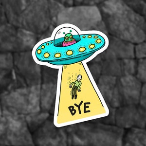 Sticker OVNI découpé - Sticker extraterrestre drôle - Sticker espace - Sticker enlèvement extraterrestre