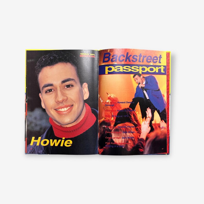 May include: A magazine page featuring a close-up photo of Howie Dorough from the Backstreet Boys. The page includes the text "Backstreet passport" and "Totally 90's Boy Band Cool!"
