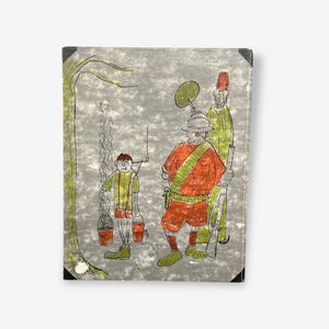May include: Vintage illustration of three figures in a scene. One figure is a young person in a striped shirt and shorts, holding buckets. Another figure is in an orange outfit with a hat and a green bandolier. The third figure is in a green robe and a red hat.