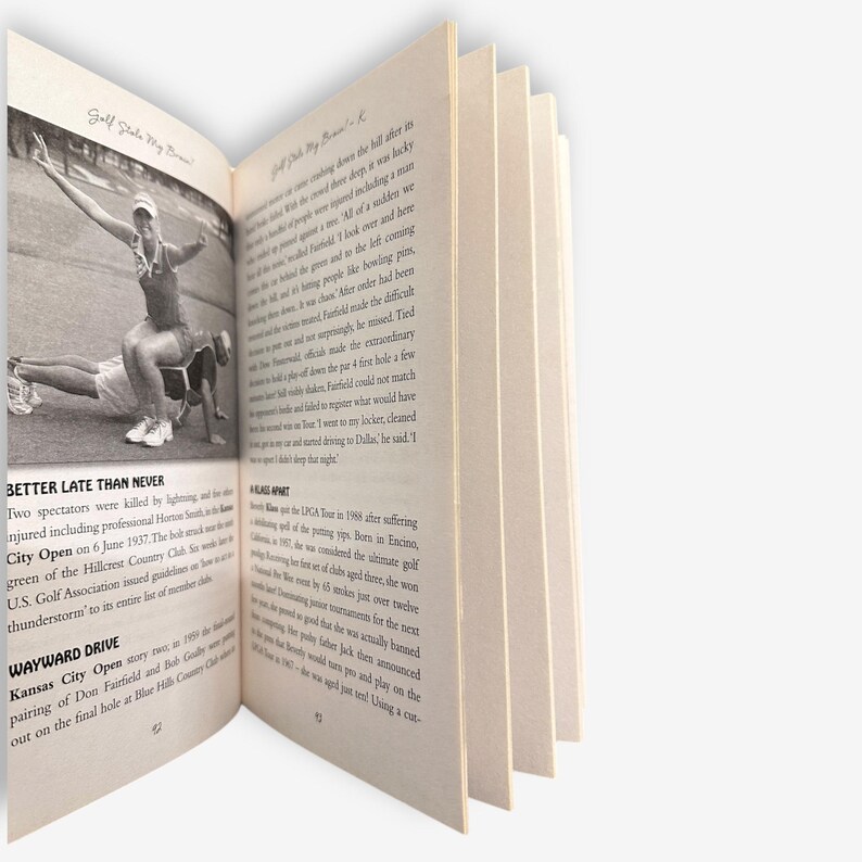 May include: Open book with black and white photographs and text. One photo shows two people, one on the ground and the other on top, in a golf-related pose. The text includes the title "Golf State Phy Brains".