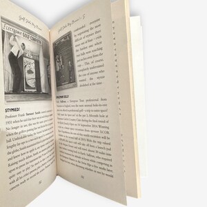 May include: Open book with black and white images and text. The left page features a photo of a man in front of a sign that says "ELECTRONIC GOLF COMPUTER". The text reads "STYMIED!" and discusses golf history.