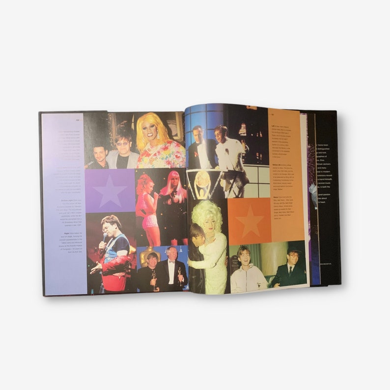 May include: An open book with a collage of photos of people, including a woman in a pink and green dress, a man in a blue shirt, and a group of people on a stage. The book has a purple, orange, and yellow background with stars.