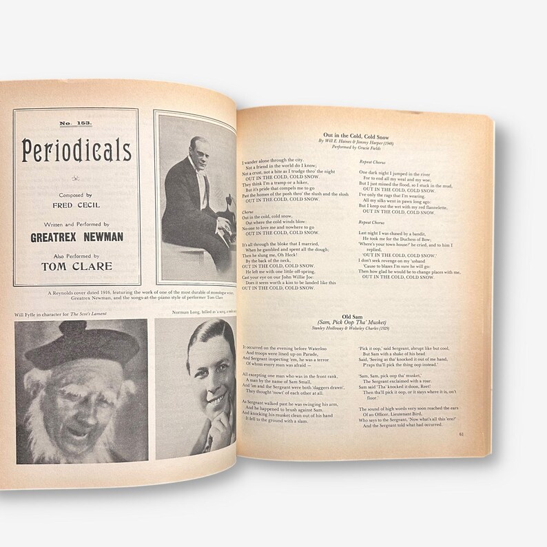 May include: A black and white photo of a man in a suit and tie. The man is singing into a microphone. The text "Out in the Cold, Cold Snow" is printed below the photo.