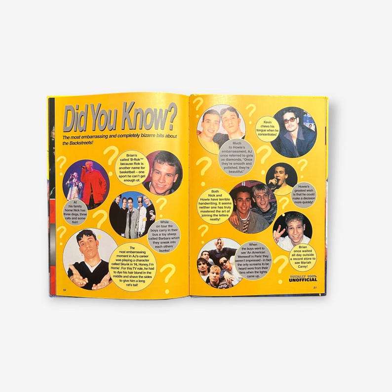 May include: A magazine page with a yellow background and the title "Did You Know?"  The most embarrassing and completely bizarre bits about the Backstreet Boys.  The page features photos of the band members and fun facts about them.