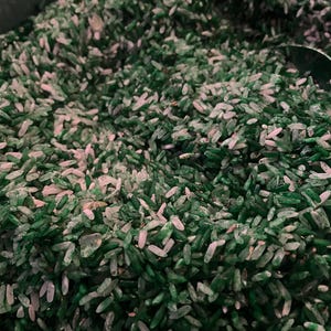May include: A large quantity of uncooked white rice grains that have been dyed a vibrant shade of green. The mixture consists of individual grains with varying levels of color saturation, ranging from deep emerald green to pale white.