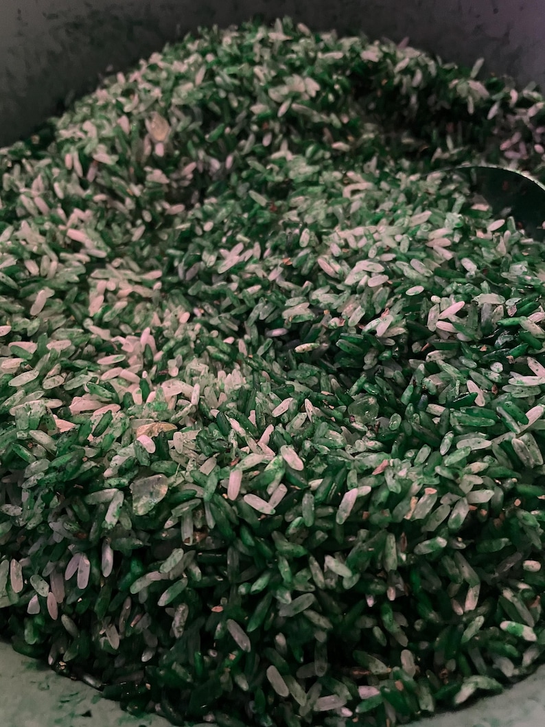 May include: A large quantity of uncooked white rice grains that have been dyed a vibrant shade of green. The mixture consists of individual grains with varying levels of color saturation, ranging from deep emerald green to pale white.