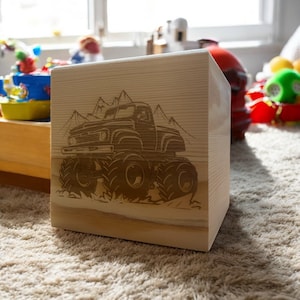 Personalised Wooden Monster Truck Piggy Bank for Kids - Custom Engraved Money Box - Perfect for Truck Fans