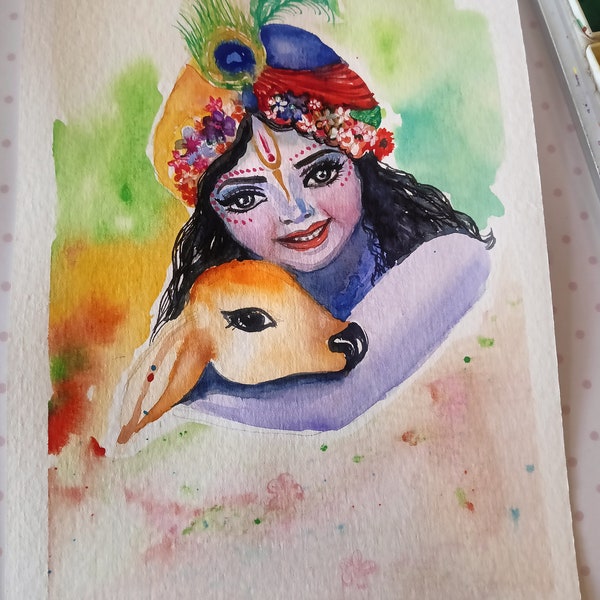 very beautiful ORIGINAL Baby Shri Krishna Ji/ Kanha Ji water color painting on 300 gsm A5 size cold pressed water color paper